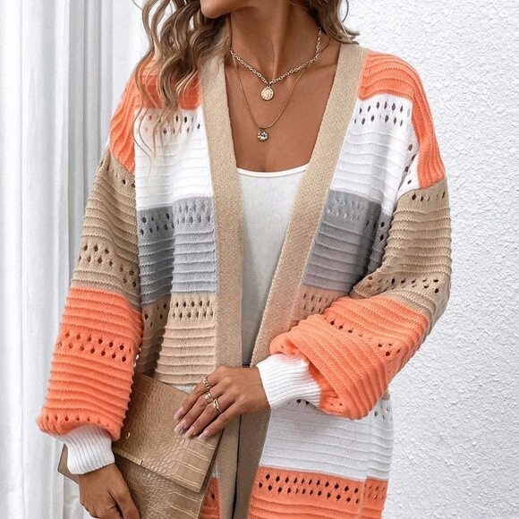 Multicolor Casual Womens Color Block Drop Shoulder Open Front Cardigan - Picture 4 of 5